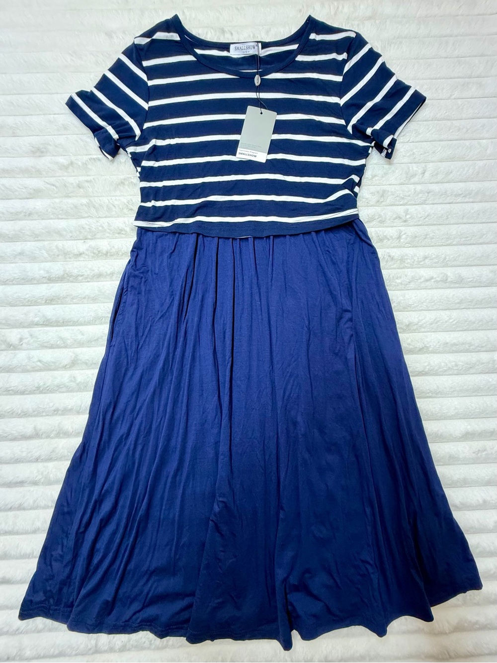 Smallshow Navy White Striped Midi Maternity Pregnancy Dress S